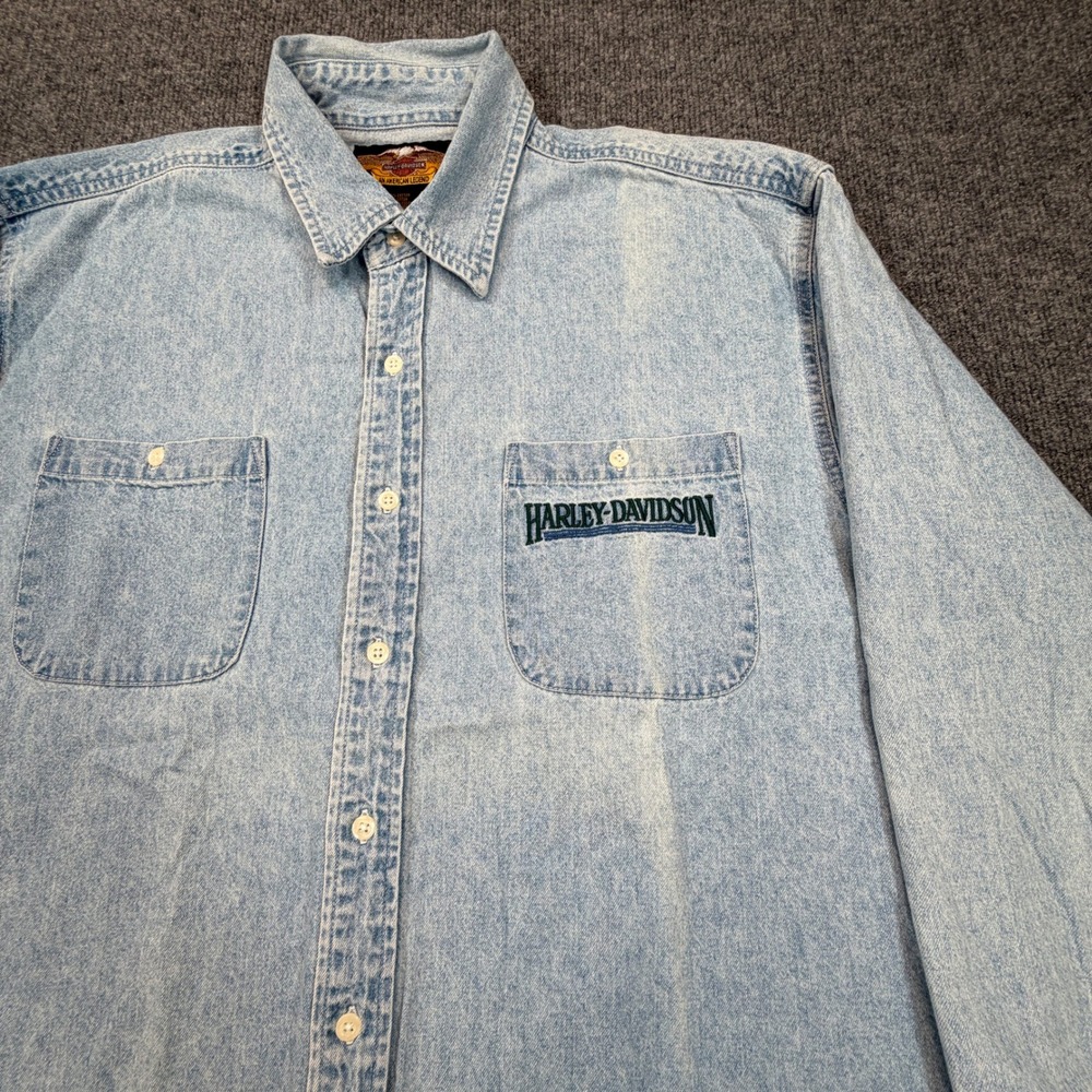 Harley-Davidson Denim Shirt Mens XL Light Wash Long Sleeve Biker FADE PLS READ - Picture 3 of 7